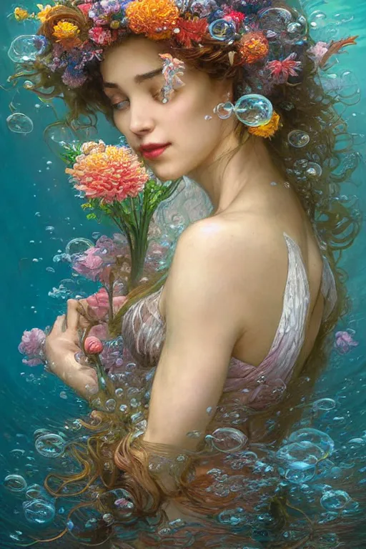 Image similar to portrait of a beautiful mysterious woman holding a bouquet of flowing flowers, hair flowing upwards, small bubbles from her mouth, hands hidden under the bouquet, submerged underwater filled with colorful small fish and coral reef, fantasy, regal, intricate, by stanley artgerm lau, greg rutkowski, thomas kindkade, alphonse mucha, loish, norman rockwell