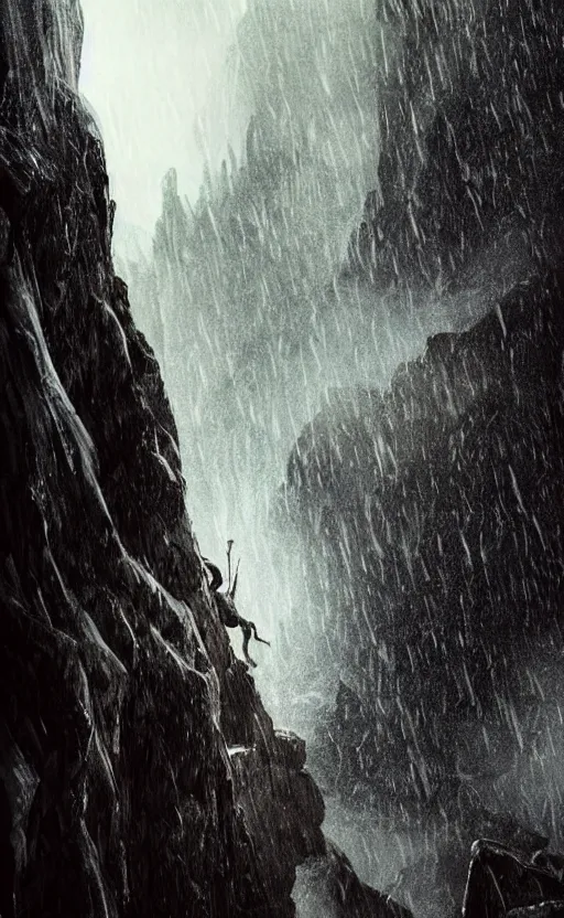 Prompt: vertical movie frame with Lord of the Rings style RANGER climbing mountain in the rain , wet rock, seen from below, inspired by monster hunter and dark fantasy and fashion, beautiful body, clean brutal blooded symmetrical face, brutal bloody, epic,dramatic lighting, cinematic, establishing shot, extremely high detail, photorealistic, brutal, provocative , cinematic lighting, artstation, octane render, dark fantasy ,old photo, vintage, black and white, Boris vallejo, sepia, old photography, documentary photography