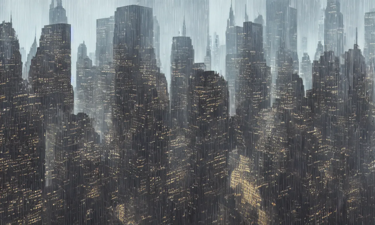 Prompt: trending on deviantart work with skyscrapers in new York with rain, volumetric lighting, raytracing, octane render, puddles, 8k, uhd, dark, reflections