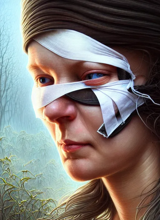 Image similar to closeup portrait shot of a nurse with bandages over eyes in a scenic dystopian environment, intricate, elegant, highly detailed, centered, digital painting, artstation, concept art, smooth, sharp focus, illustration, artgerm, tomasz alen kopera, peter mohrbacher, donato giancola, joseph christian leyendecker, wlop, boris vallejo