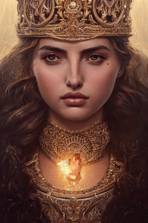 Image similar to highly detailed portrait of ana de armas as an elegant goddess, ornate crown, beautiful symmetrical face, digital painting, artstation, concept art, smooth, clear focus, illustration, greg rutkowski, artgerm, global lighting, detailed and fantasy