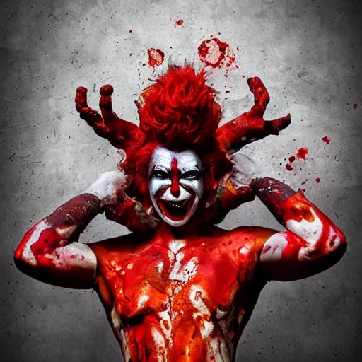 Image similar to 4K headshot of godlike clown with clown nose and defined arms and open hands and bloody clothes with giant mandala wings , intricate runny clown face make-up , flawless anime cel animation by Kentaro Miura, psychedelic , highly detailed upper body , professionally post-processed , beautiful, scary, symmetry accurate features, epic, octane rendered, anime masterpiece, accurate