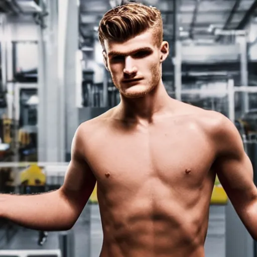 Prompt: a realistic detailed photo of a guy who is an attractive humanoid who is half robot and half humanoid, who is a male android, soccer players timo werner, shiny skin, posing like a statue, blank stare, in a factory, on display, showing off his muscles, gold soccer shorts, side view