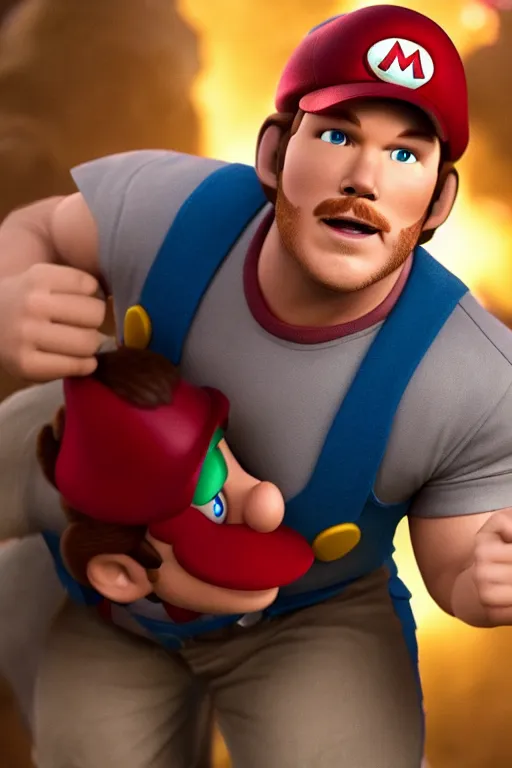 Image similar to a movie still of chris pratt as mario, highly detailed, studio lighting