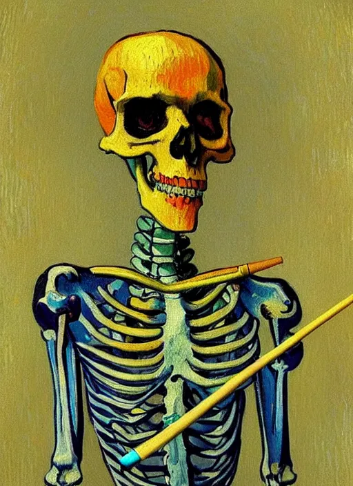 Image similar to a painted portrait of a rainbow skeleton smoking a cigarrette, by Vincent Van Gogh, artstation trending