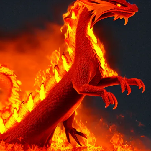 Prompt: a fire dragon, 3d render, hyperrealistic, 8k