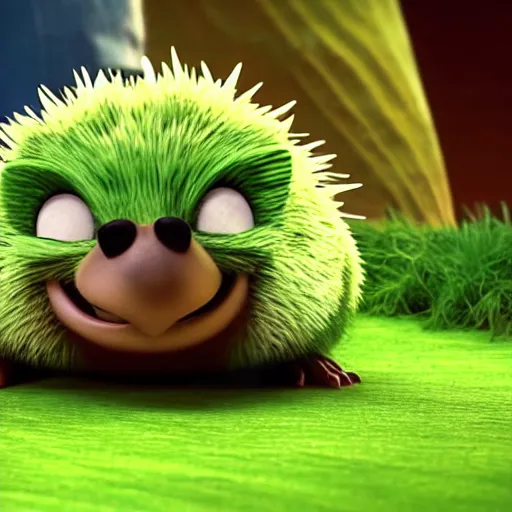 Prompt: green hedgehog animal by Pixar with yellow shirt, cinematic shot