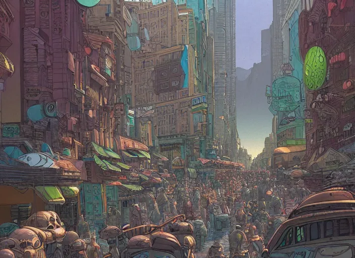 Image similar to close up view of a bustling city street on an alien planet by jeff darrow and moebius, earth and pastel colors, dramatic perspective, detailed, realistic, masterpiece, 4 k, 8 k