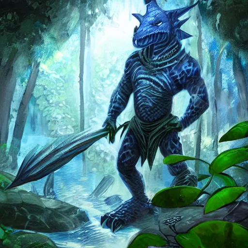 Image similar to A dragonborn with blue scales in a rainforest, trending on artstation, digital art