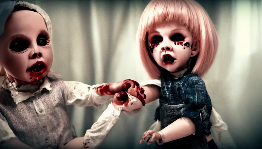 Image similar to big budget horror movie about an evil killer doll biting someone's hand