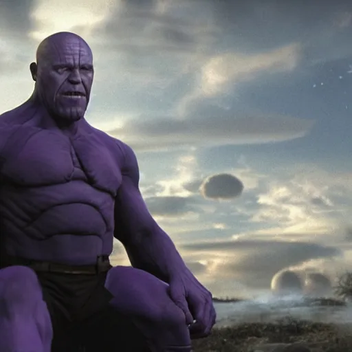 Prompt: Jonathan Banks as Thanos, HD promotional screenshot from new Avengers film, 8k ultra realistic, Marvel animation