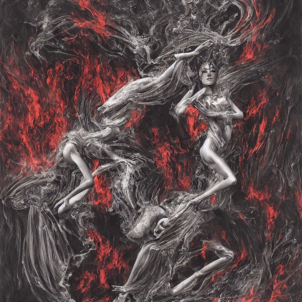 Image similar to a graceful detailed demon ballerina leaving a trail of smoke in a pool of lava by h. r. giger