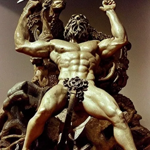 Image similar to The kinetic sculpture depicts the mythical hero Hercules in the moments after he has completed one of his twelve labors, the killing of the Hydra. Hercules is shown standing over the dead Hydra, his body covered in blood and his right hand still clutching the sword that slew the beast. His face is expressionless, betraying neither the exhaustion nor the triumph that must surely accompany such a feat. dark blue, cosmic nebulae by Ando Fuchs elegant