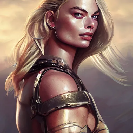 Prompt: Beautiful warrior huntress Margot Robbie has a battle scar, by WLOP by artgerm, trending, 4k digital art