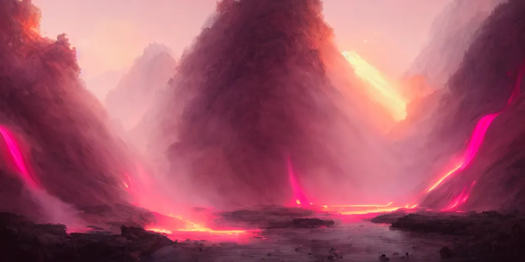 Image similar to a pink volcano flowing through the streets of a ancient greek city, extremely detailed digital painting, in the style of fenghua zhong and ruan jia and jeremy lipking and peter mohrbacher, mystical colors, rim light, beautiful lighting, 8 k, stunning scene, raytracing, octane, trending on artstation