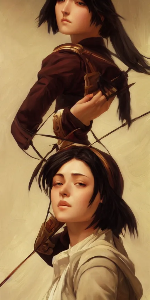 Image similar to Mikasa Ackerman, oil on canvas, ArtStation, by J. C. Leyendecker and Edmund Blair Leighton and Charlie Bowater