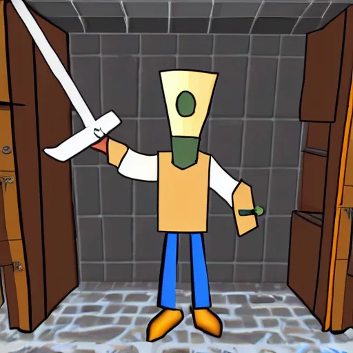 Image similar to cardboard boxman with cardboard armor, wielding a cardboard sword inside a kitchen, cabinets, stove