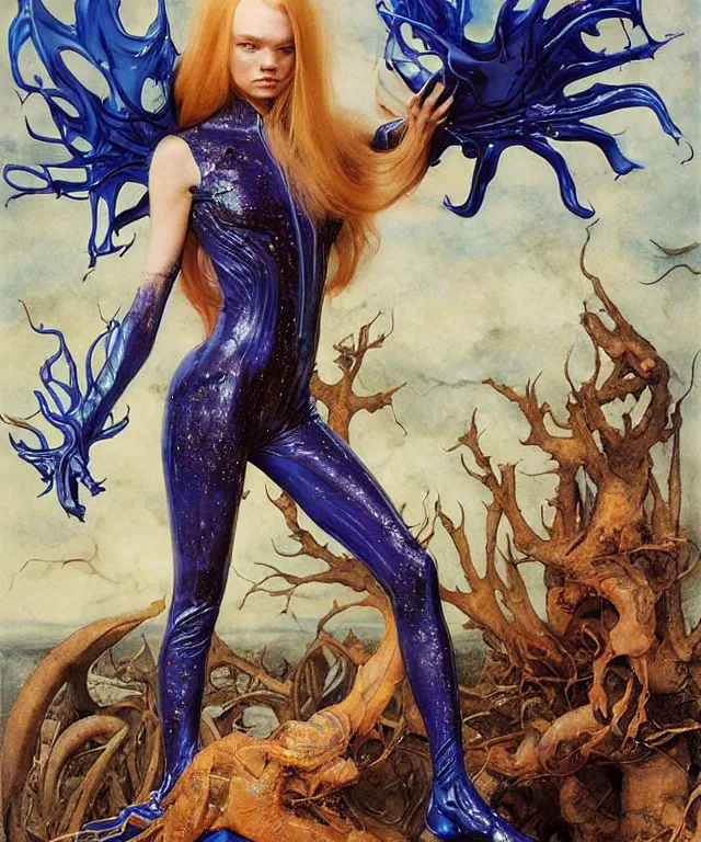 Image similar to a portrait photograph of a fierce mutated transforming hybrid super villian with slimy skin. she looks like elle fanning and is trying on a blue infected bulbous shiny organic catsuit. by donato giancola, hans holbein, walton ford, gaston bussiere, peter mohrbacher and brian froud. 8 k, cgsociety, fashion editorial