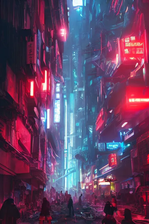Prompt: fantasy futuristic dystopian cityscape with crowds of people, digital artstation painting, cyberpunk wallpaper, diffused lighting, with red and blue neon ambient lighting, fog, trash and dumpsters in a nearby alley, made by tae young choi and dang my linh, 8 k dop dof hdr