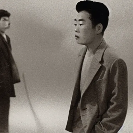 Prompt: a man in the fog and a giant starfish monster emerging above, 1950s Korean film noir in the style of Orson Welles and Ishirō Honda, ambient