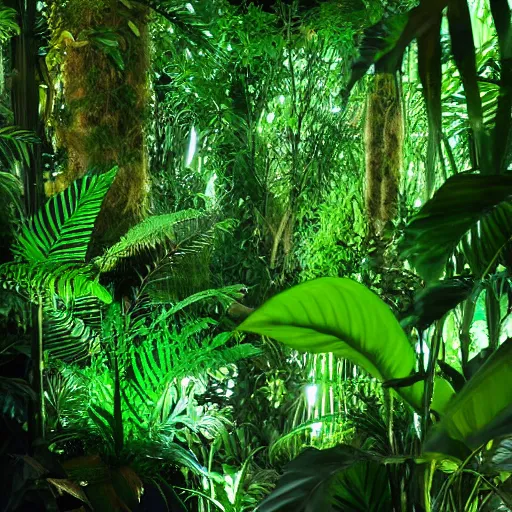 Prompt: « low luminosity jungle, luminescent plants, far view, detailed »