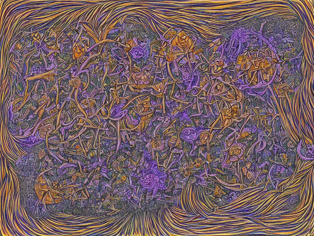 Prompt: expression of mind-matter interaction through death by Alex Grey and M. C. Escher collaboration, digital painting, Groundcore