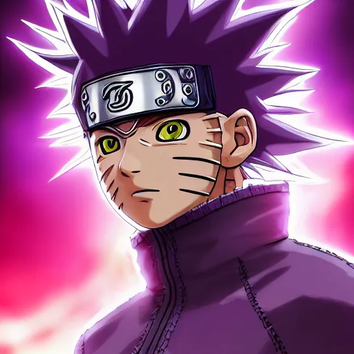 Image similar to close up portrait of a naruto in smooth purple ninja uniform, blue spiked hair, muscular, intense, body of an ultrafine hyperdetailed illustration by kim jung gi, irakli nadar, intricate linework, sharp focus, bright colors, octopath traveler, final fantasy, unreal engine 5, global illumination, radiant light.