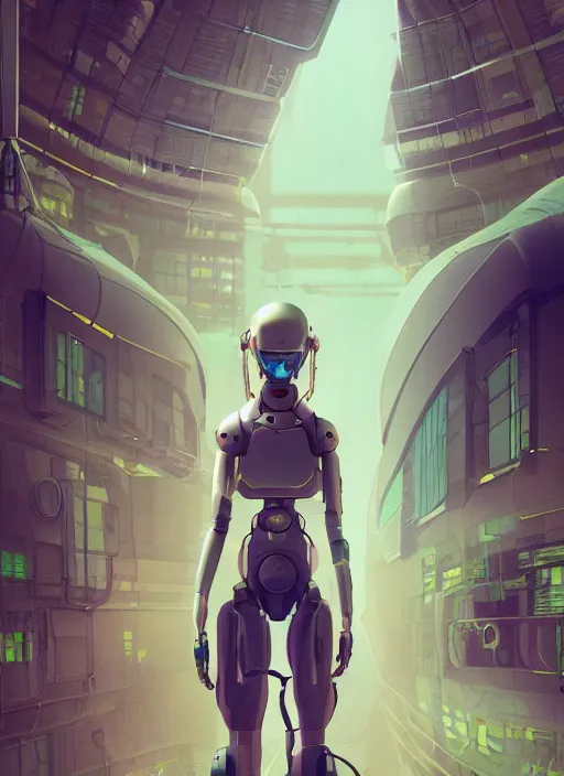 Image similar to solarpunk half human half robot character design by studio ghibli, cgsociety, artstation