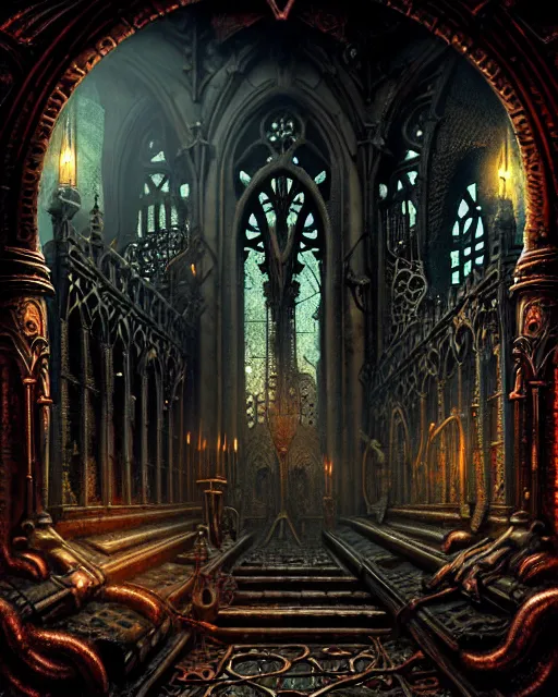 Image similar to steam necropolis, memento mori, gothic, neo - gothic, art nouveau, hyperdetailed copper patina medieval icon, stefan morrell, philippe druillet, ralph mcquarrie, concept art, steampunk, unreal engine, detailed intricate environment, octane render, moody atmospherics, volumetric lighting, ultrasharp, ominous, otherworldly