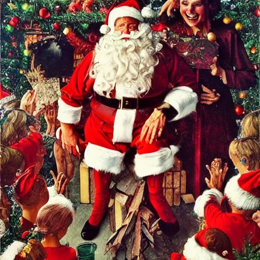 Prompt: vogue designer Santa Claus Sacrificing the Elves to a Volcano God Altar norman rockwell