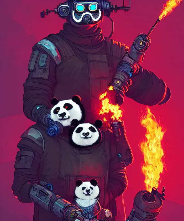 Prompt: a portrait of a cyberpunk panda holding two flamethrowers, fantasy, elegant, digital painting, artstation, concept art, matte, sharp focus, illustration, art by josan gonzalez