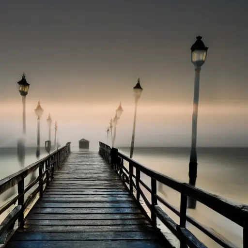 Prompt: a blurry photo of a a pier with lights during the blue hour, a tilt shift photo by ian spriggs, featured on flickr, modular constructivism, long exposure, multiple exposure, soft mist