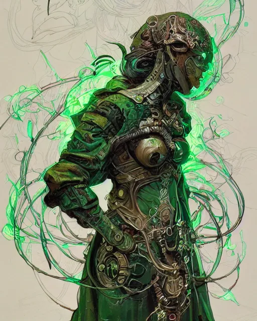 Image similar to character design, cyborg spellcaster, green robes, hyper detailed, pen and ink, intricate line drawings, colorful, style by ian mcque, craig mullins, emil melmoth, + in style of charlie bowater, peter mohrbacher, marc simonetti, trending on artstation cgsociety, cinematic 8 k