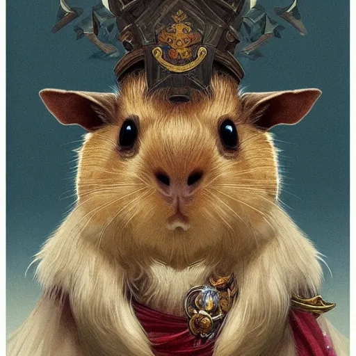 Image similar to A heraldic prince Guinea Pig with big cute eyes sitting up for a portrait photo, D&D, fantasy, intricate, cinematic lighting, highly detailed, digital painting, artstation, concept art, smooth, sharp focus, illustration, art by Akihiko Yoshida, Greg Rutkowski and Alphonse Mucha