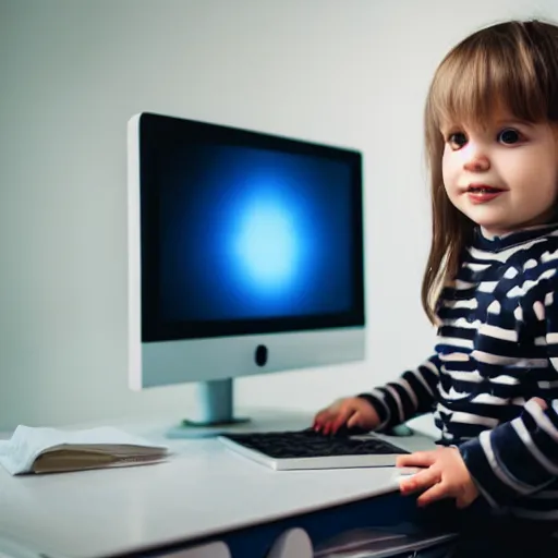 Prompt: toddler with light hair using desktop computer