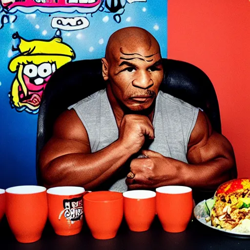 Prompt: mike tyson mukbang, hyperrealistic, garbage pail kids