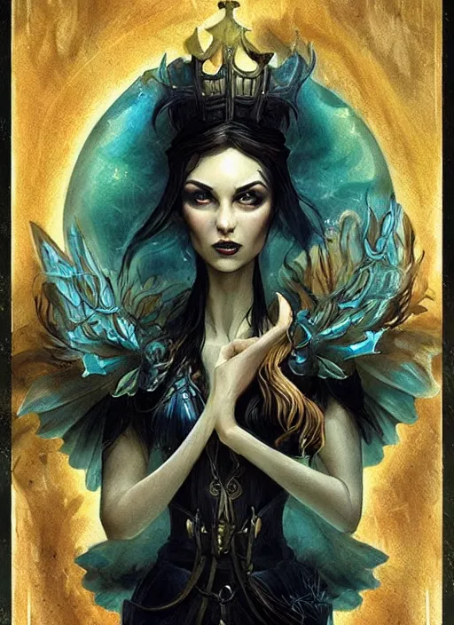 Image similar to tarot!!, fairy queen, fantasy medieval, no noise, elegant, concept art, sharp focus, beautiful face!!, digital art, smooth defined outlines!!, by Brom, trending on Artstation, Tom Bagshaw, Sargent