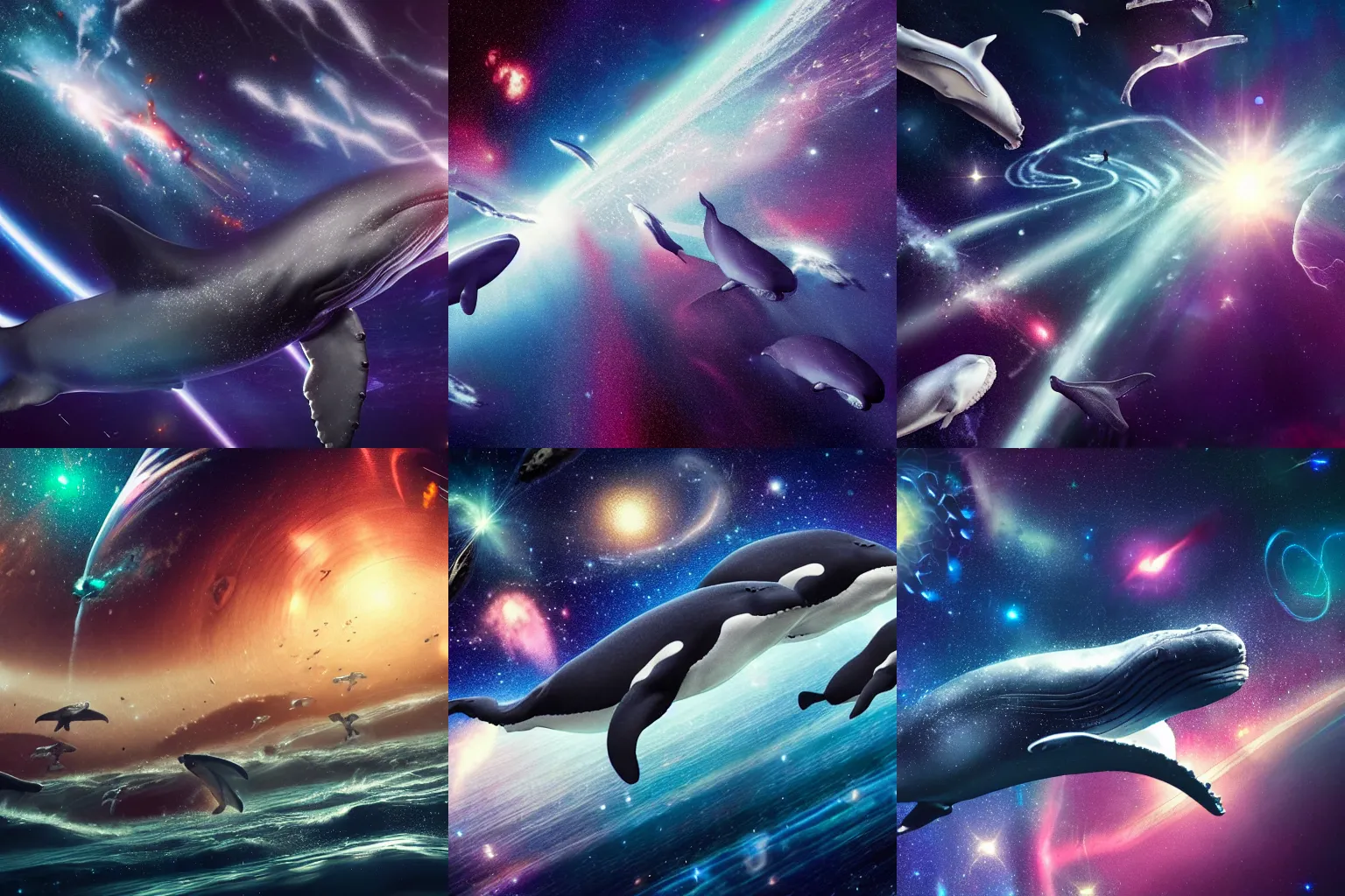 Prompt: a group of whales swimming in outer space across stars and galaxies, intricate details, epic composition, octane renderer
