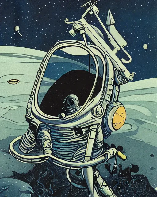 Prompt: dark retro illustration 1 9 6 7 science fiction, doomed astronaut on saturn's moon, gouache and ink, art sussman, mohrbacher, retro futurism