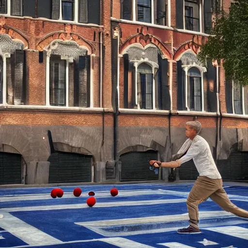 Prompt: playing petanque next to prinsengracht, intricate detail, beautiful aesthetic, photorealistic, cinematic composition, volumetric lighting 8 k