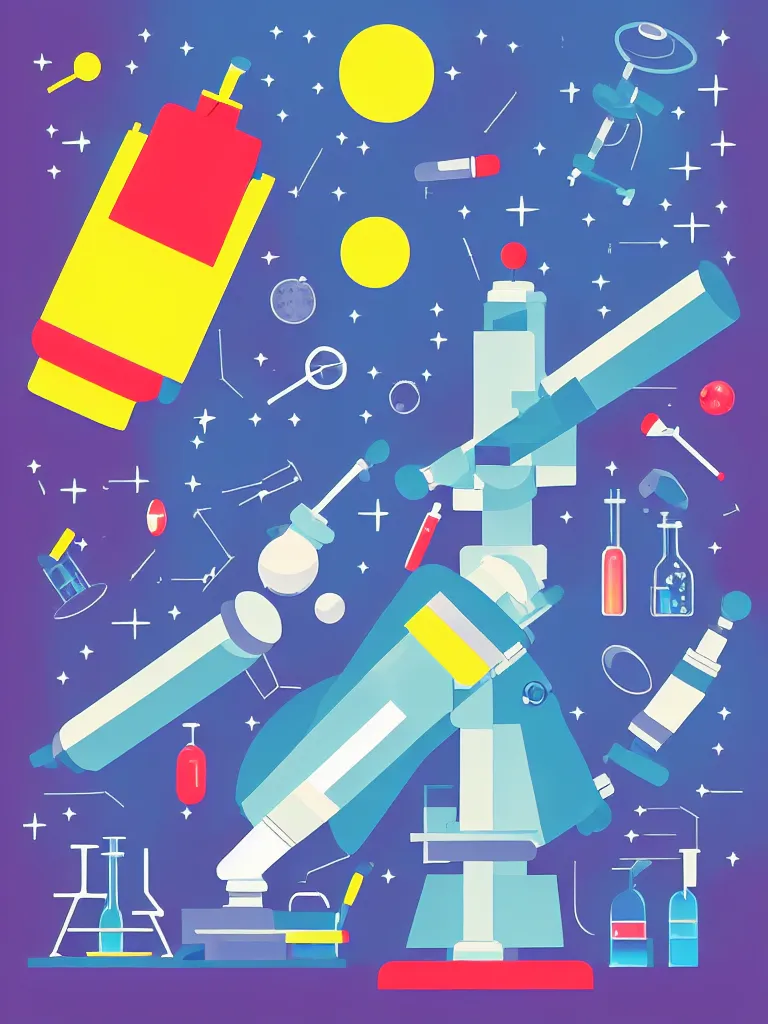 Image similar to editorial illustration scientific lab test tube telescope microscope spaceship, colorful modern, mads berg