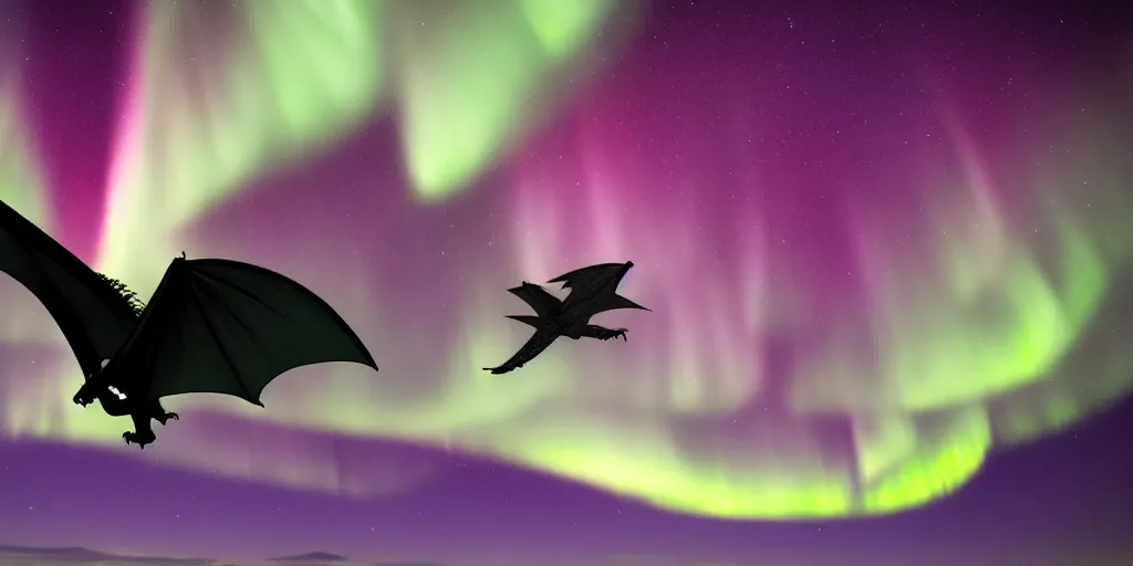 Prompt: Dragon flying across a aurora borealis sky