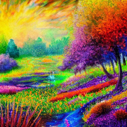 Image similar to an impressionist painting of a gorgeous meadow filled with colorful mushrooms with a stream flowing through it, psychedelic colors, colorful sky in background, high detail, trending on artstation