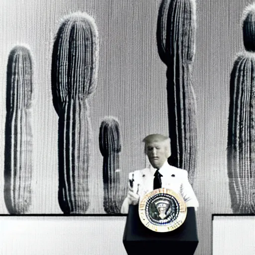 Image similar to “ a still from a presidential address, the president is a cactus ”