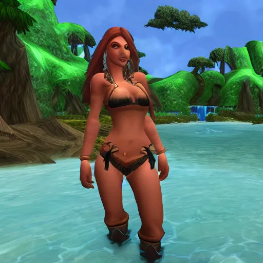 Image similar to pretty girl in a bikini inside of the world of warcraft