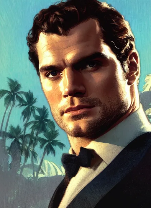 Prompt: portrait of henry cavill as james bond, key art, sprinting, palm trees, highly detailed, digital painting, artstation, concept art, cinematic lighting, sharp focus, illustration, by gaston bussiere alphonse mucha