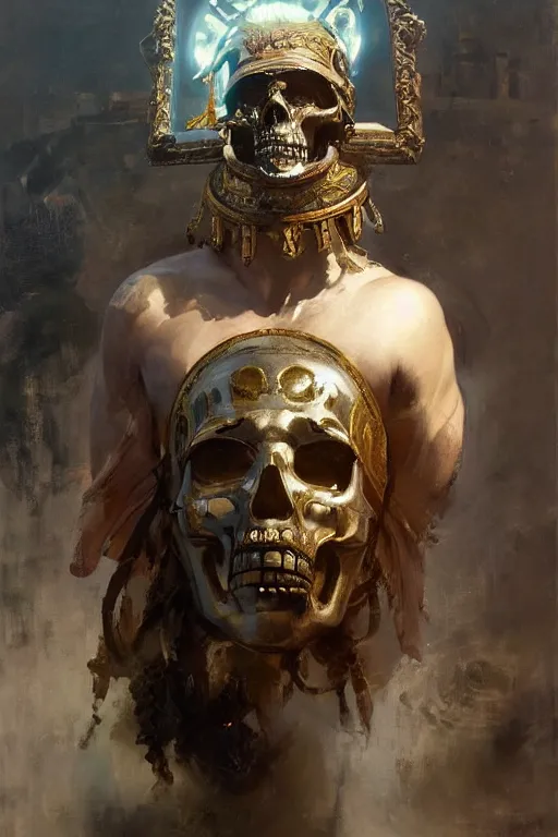 Image similar to beautiful expressive oil painting portrait of ancient roman god emperor cyborg with a skull mask ascending wearing the civic crown, art by anders zorn, wonderful masterpiece by greg rutkowski, beautiful cinematic light, american romanticism by greg manchess, jessica rossier