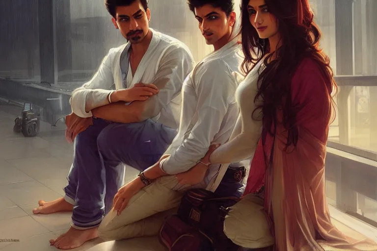 Image similar to Sensual good looking pale young Indian doctors wearing jeans in an airport, portrait, elegant, intricate, digital painting, artstation, concept art, smooth, sharp focus, illustration, art by artgerm and greg rutkowski and alphonse mucha