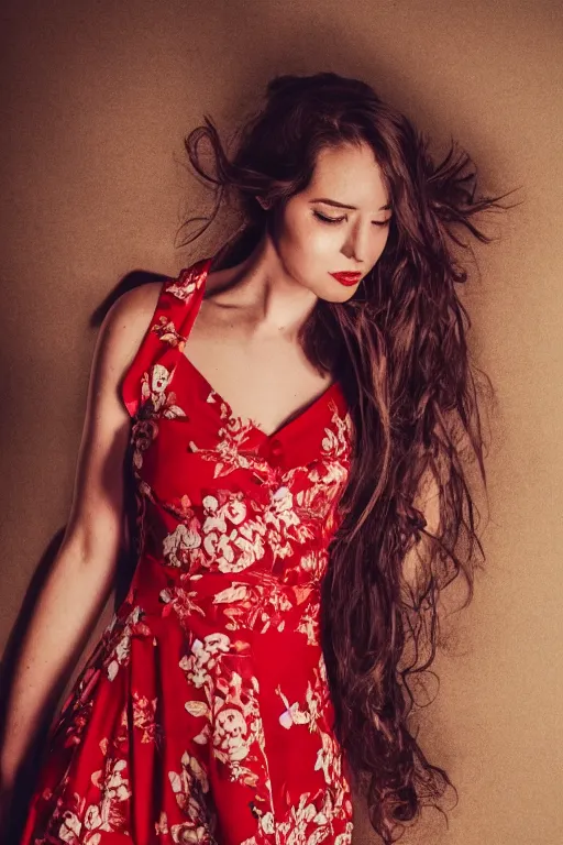 Prompt: full body portrait of a female, red floral dress, cinematic lighting, long hair, highly detailed, 4 k,