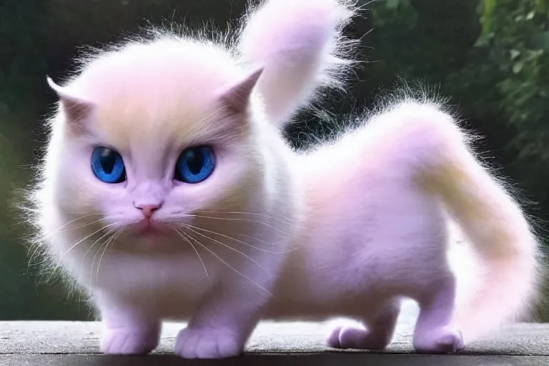 Image similar to real life mew pokemon, cute!!!, heroic!!!, adorable!!!, playful!!!, chubby!!! fluffly!!!, happy!!!, cheeky!!!, mischievous!!!, ultra realistic!!!, spring time, slight overcast weather, golden hour, sharp focus